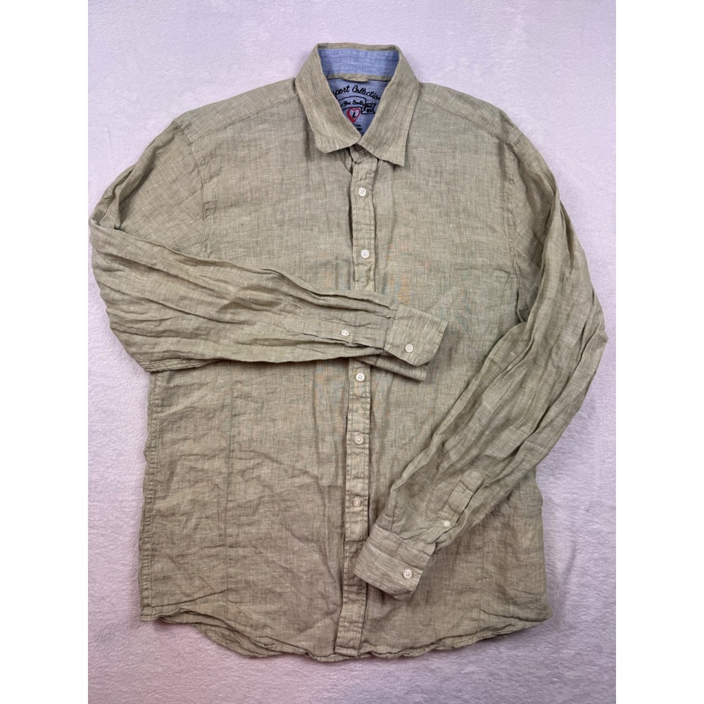 Report Collection Mens Large 100% Linen Long Sleeve Button Down Shirt Sage Green